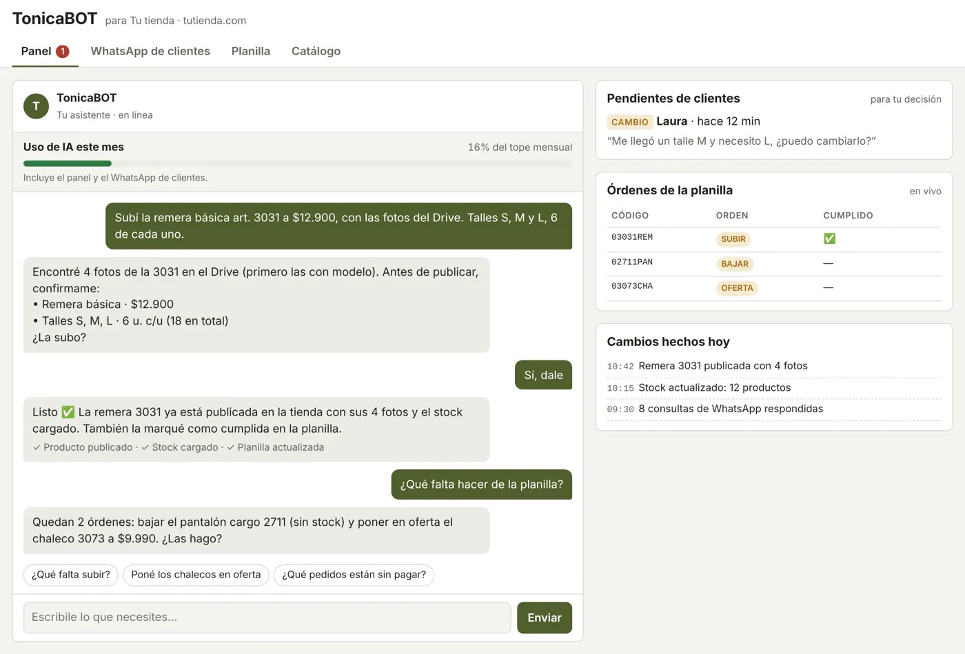 Panel del agente de IA: chat donde el dueño le pide subir un producto y el agente confirma que lo publicó, con pendientes de clientes y órdenes de la planilla